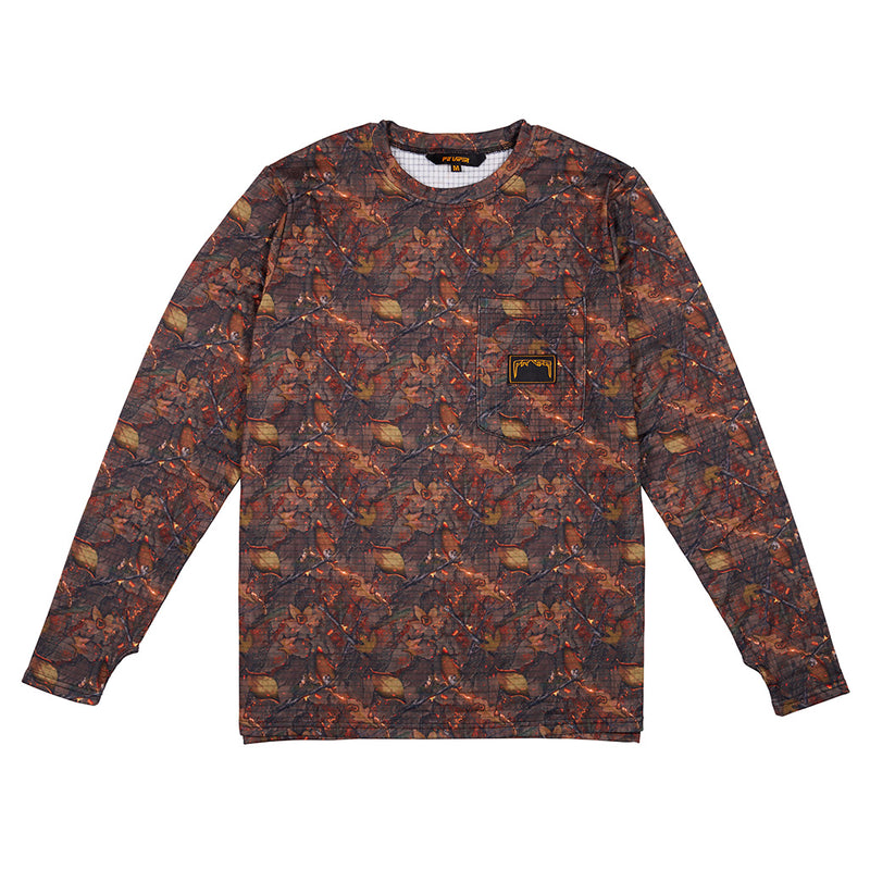 | full_frontal.JPG | A long-sleeve crewneck shirt with an all-over camouflage pattern in brown, orange, and dark gray tones, featuring a chest pocket with a small brand patch.