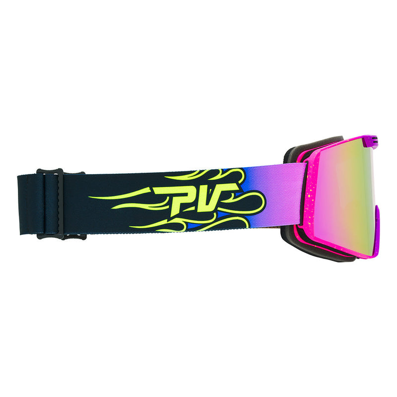 Pink / Small | even_more_side_view.JPG | Angled view of The 93 Combustion Backslap Goggle with pink / small lens on white background