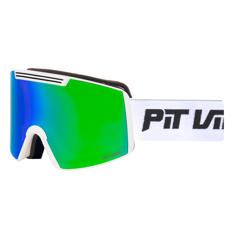 Blue-Green / Large | side_view.JPG | White ski goggles with a vibrant green-to-blue mirrored lens and a white strap featuring the black 'PIT VIPER' logo.