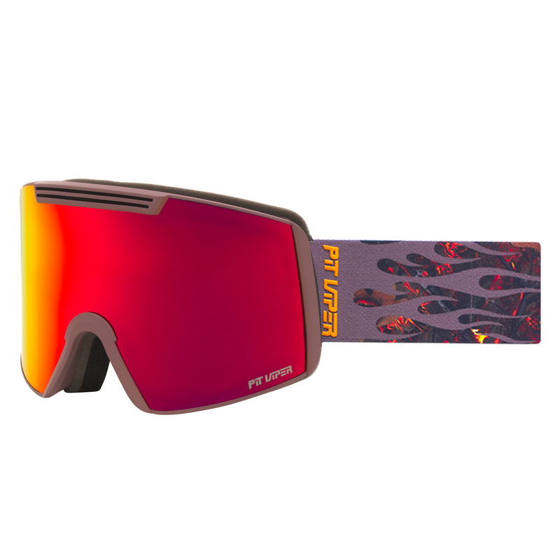 / Red | side_view.JPG | Pit Viper snow goggles with a red-to-yellow mirrored lens, a dark gray frame, and a patterned strap featuring orange and black flame-like designs.