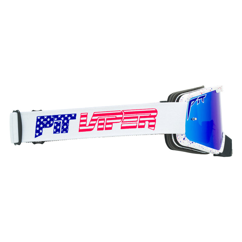 Blue / Small | even_more_side_view.JPG | Angled view of The Merika Brapstrap Goggle with blue / small lens on white background