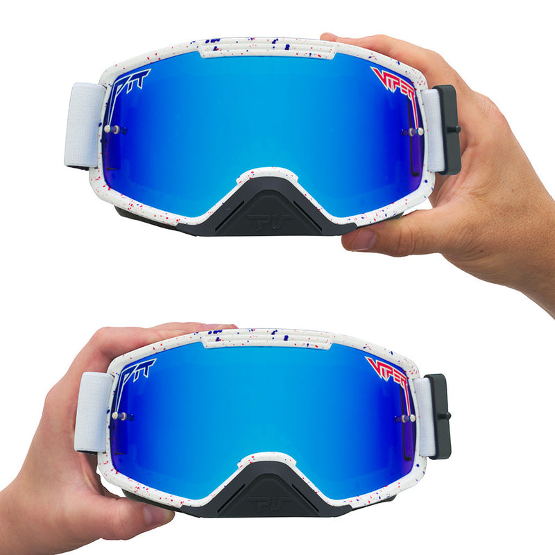 Blue / Small | large_&_small.JPG | Studio view of The Merika Brapstrap Goggle with blue / small lens