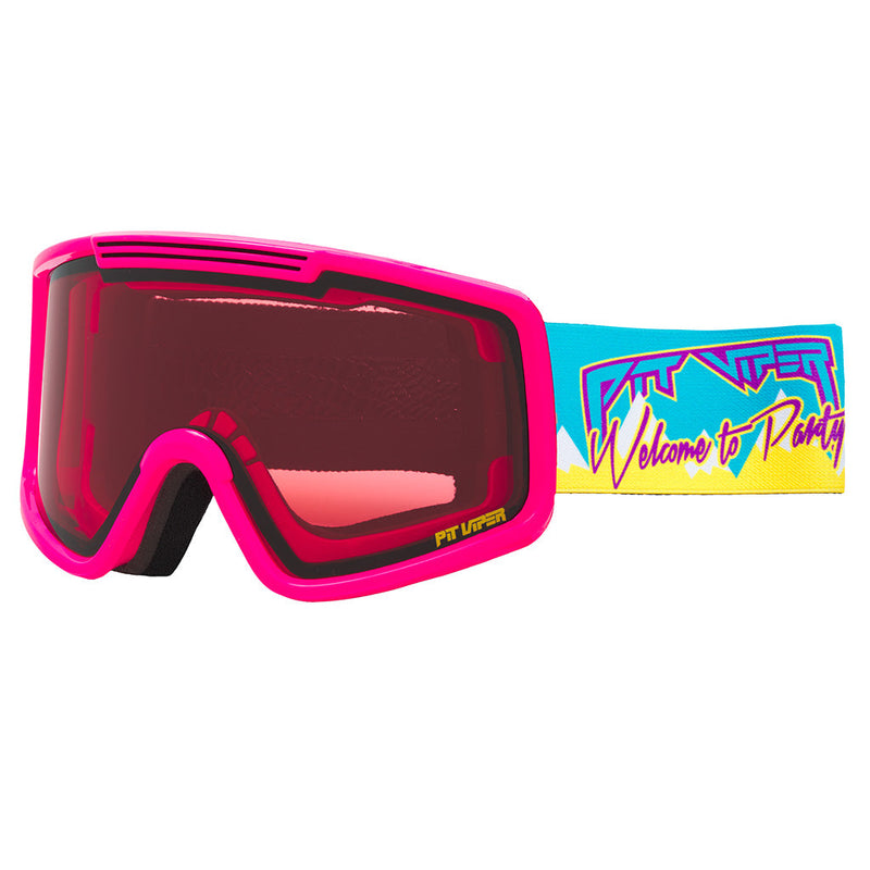 Rose / Large | side_view.JPG | Angled view of The Party Mountain French Fry Goggle with rose / large lens on white background