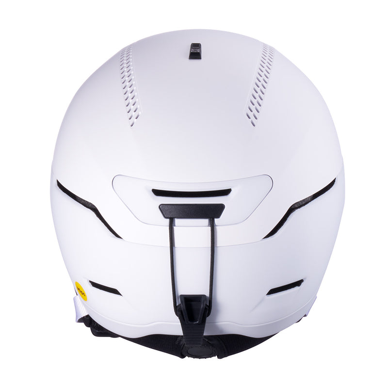 | it_the_back.JPG | A white full-face helmet shown from the rear, featuring black ventilation slots, a black chin strap, and a small yellow sticker on the lower left side, set against a plain white background.