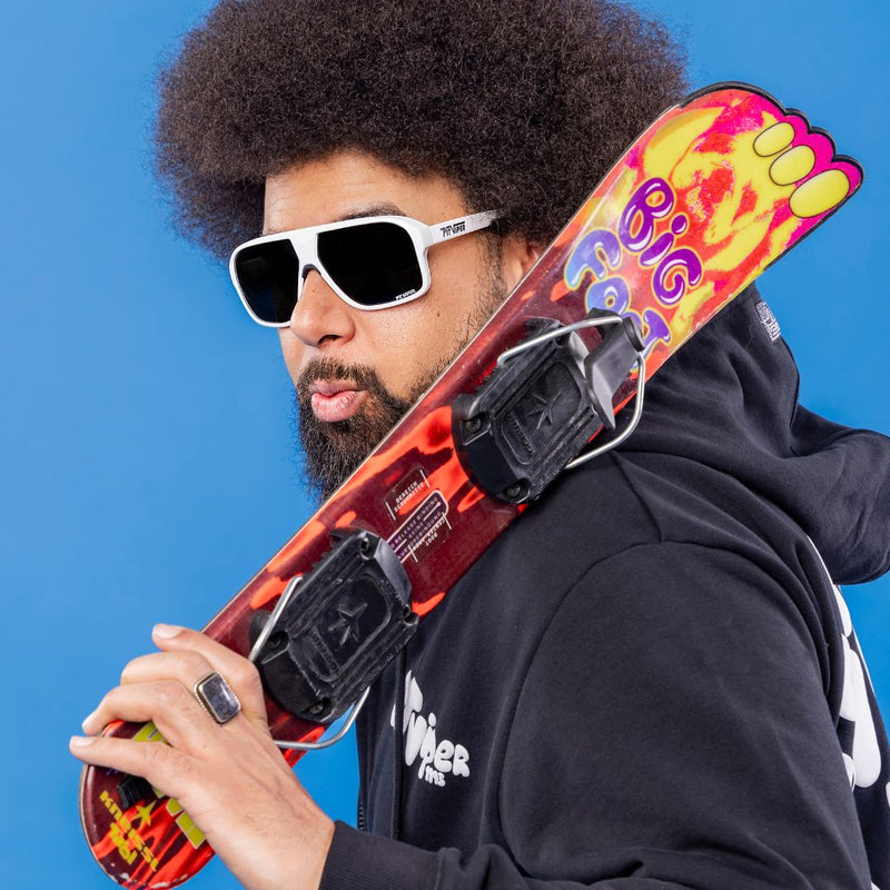 Person wearing The Miami Nights Flight Optics with polarized Smoke lens