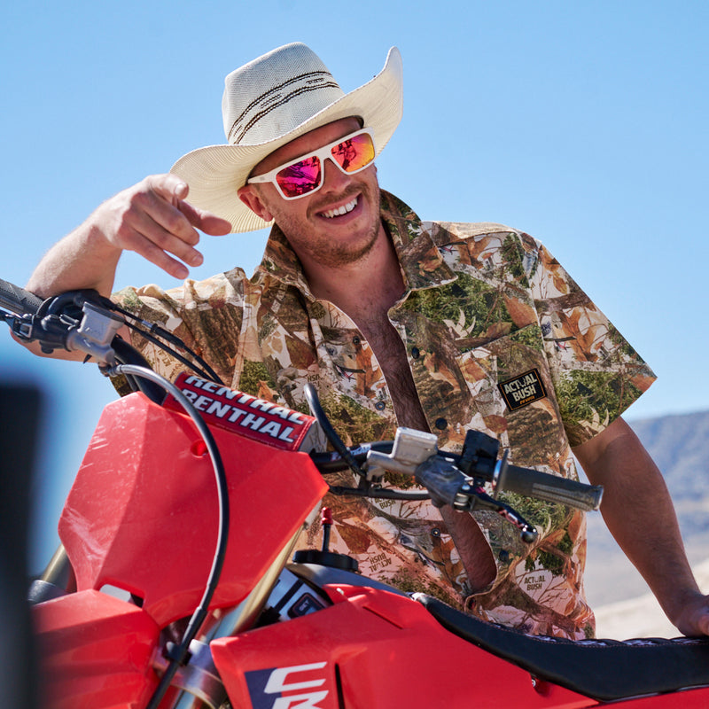  | photo_of_person.JPG | Man wearing a cowboy hat and The Actualbush Sport Denim Button Down Shirt from Pit Viper