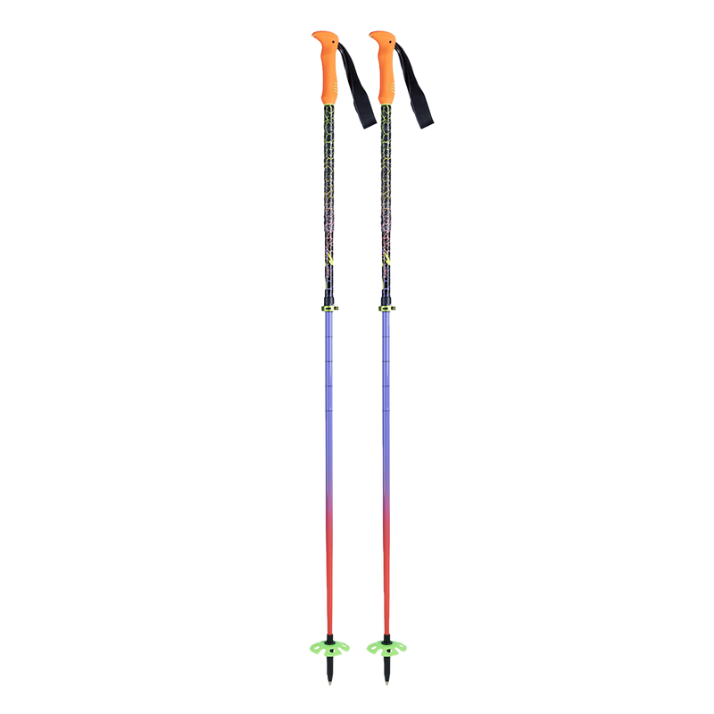 A pair of Purple, Red and Orange Adjustable ski poles against a white background.