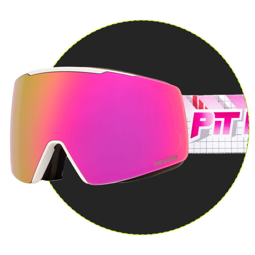 A pair of ski goggles with a large mirrored lens showing a pink-to-yellow gradient, a white frame, and a white strap with pink branding, set against a black circular background with a thin green outline.
