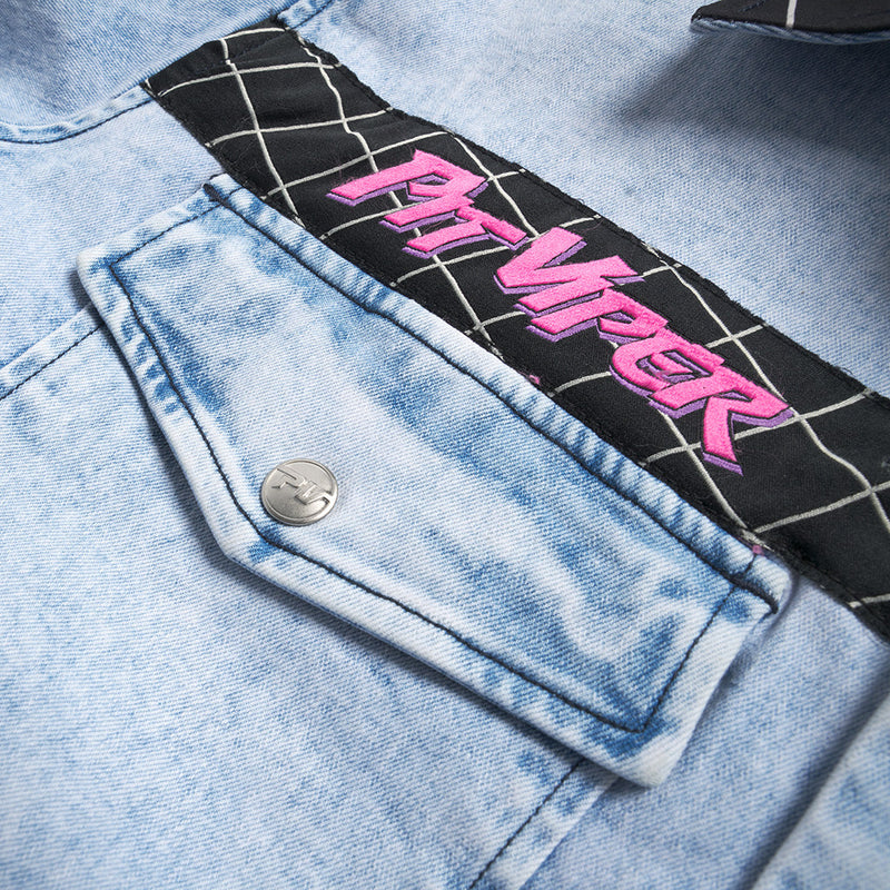  | im_detail_oriented.JPG | Angled view of The Surge Matrix Sport Denim Button Down on white background