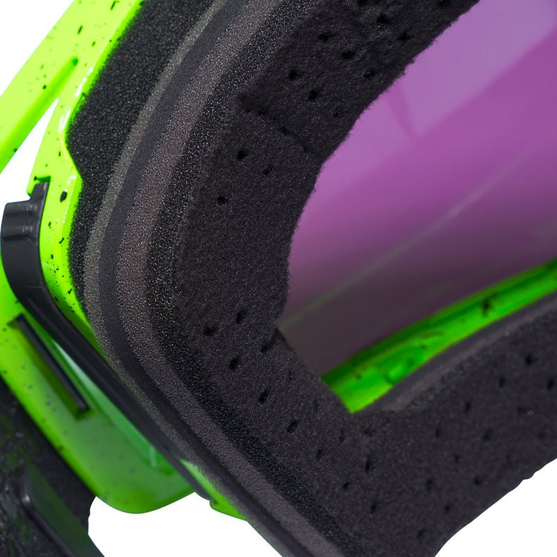 Close-up of a green black foam padding on green goggles