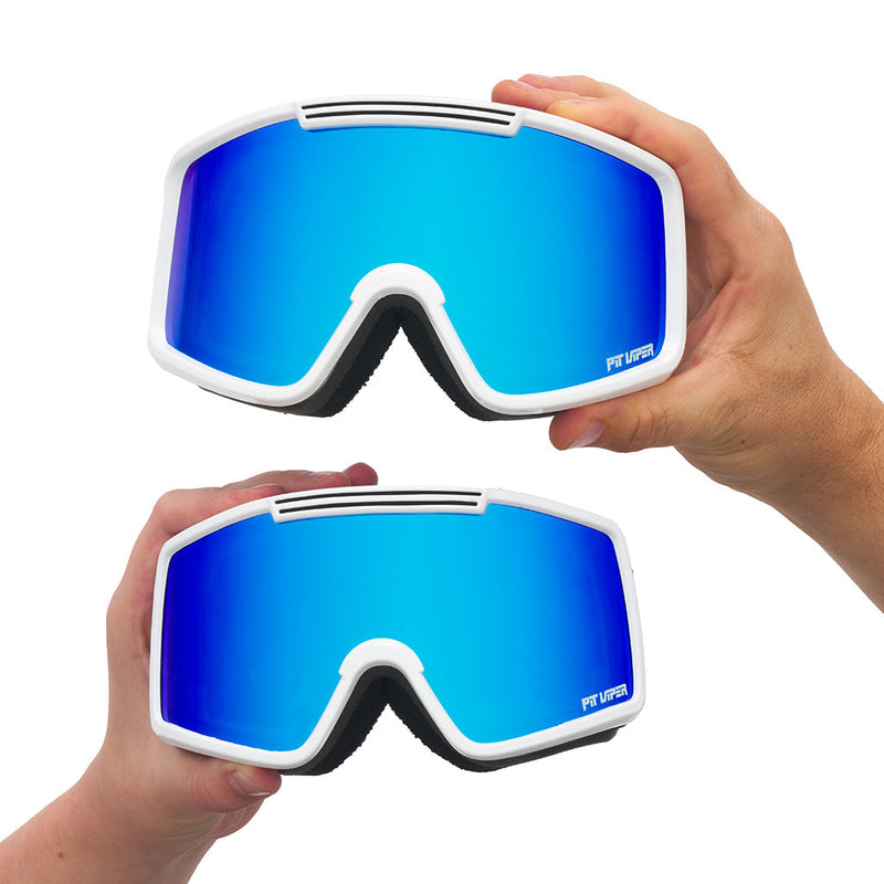 Blue / Small | small_&_large.JPG | Studio view of The Miami Nights French Fry Goggle with blue / small lens