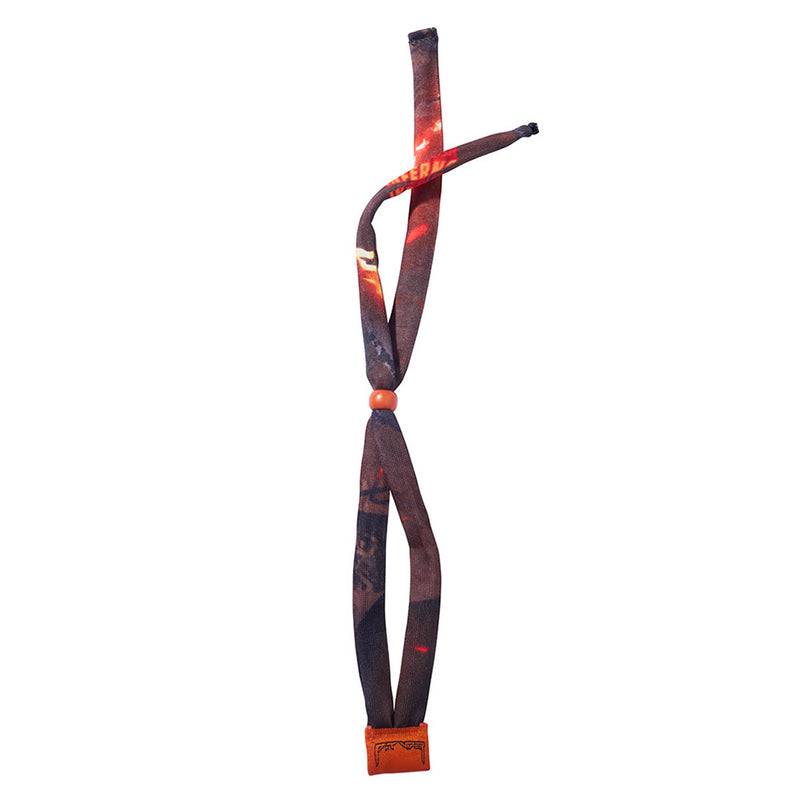 | full_frontal.JPG | A dark brown and black abstract patterned neck strap or lanyard with orange-red accents and a small orange tag at the bottom, shown on a plain white background.