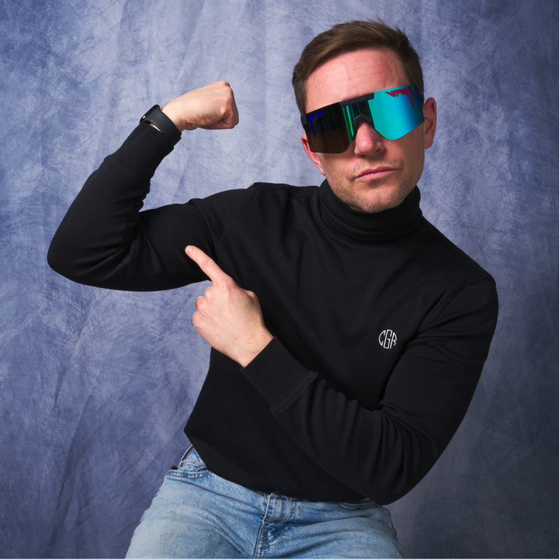 HDPV Polarized Blue / Regular | photo_of_person.JPG | Person wearing The Peacekeeper Original 2.0 with HDPV Polarized Blue lens