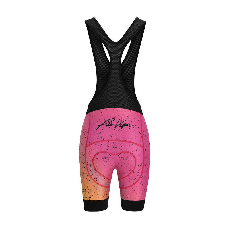  | back_view_ghost_mannequin.JPG | Back view of the Women's Italo Cycling Bib showing the pink and orange gradient pattern with Pit Viper logo