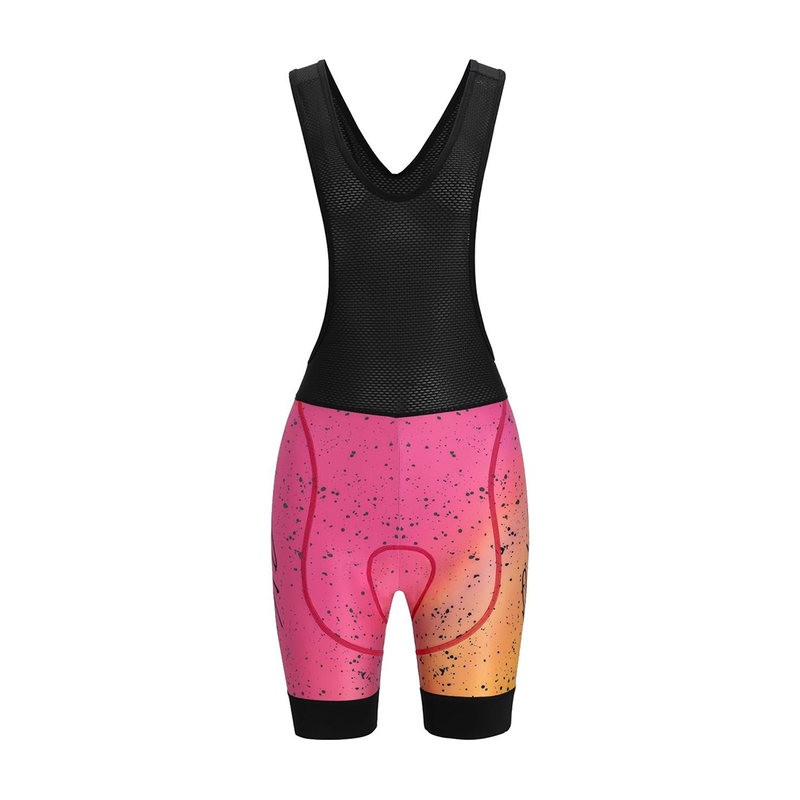  | front_view_ghost_mannequin.JPG | Front view of the Women's Italo Cycling Bib with pink and orange gradient pattern on white background